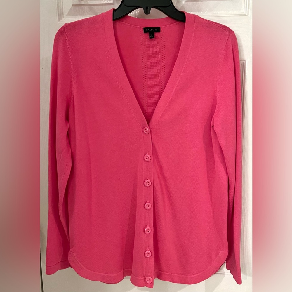 Talbots sz S bright pink cotton blend button v-neck cardigan sweater